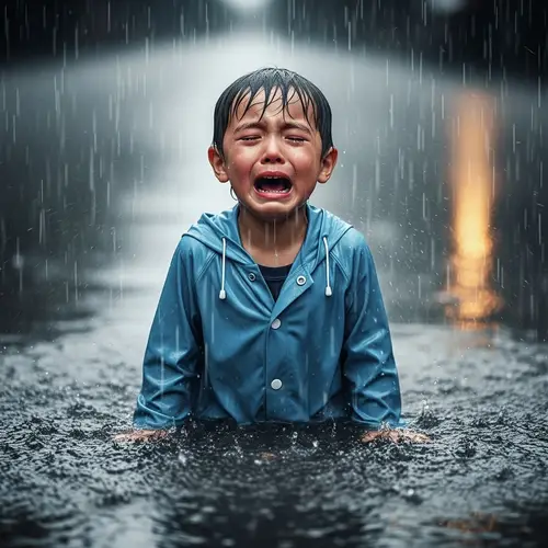Young Asian Boy Crying Under Rain - Emotional Scene