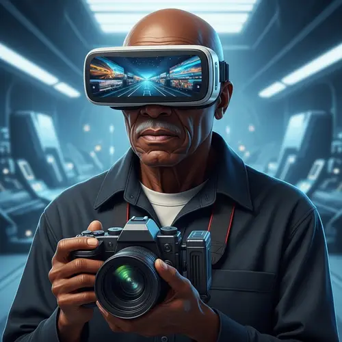 Elderly Black Man Futuristic Photographer | Futuristic Canon Camera