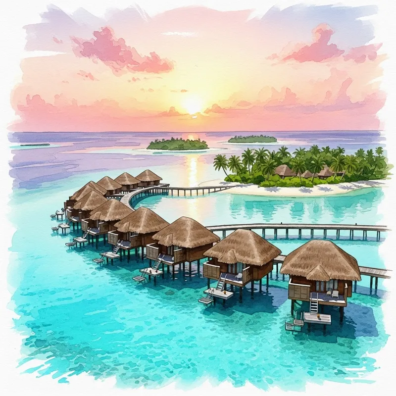 Enchanting Maldives Watercolor Painting | Overwater Bungalows & Sunset Enchanting Maldives Watercolor Painting | Overwater Bungalows & Sunset