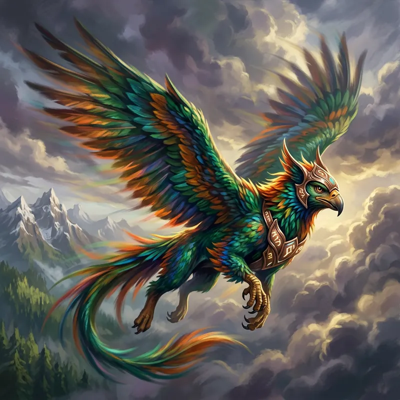 Vibrant Feathered Mystical Creature Soaring in Cloudy Sky
