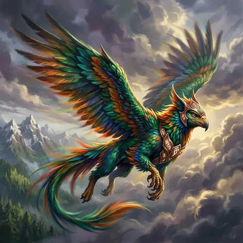 Fantasy-Inspired Mystical Creature Soaring Through Cloudy Sky