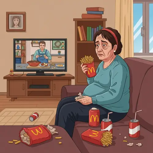 Unhealthy Middle-Eastern Individual Surrounded by Junk Food