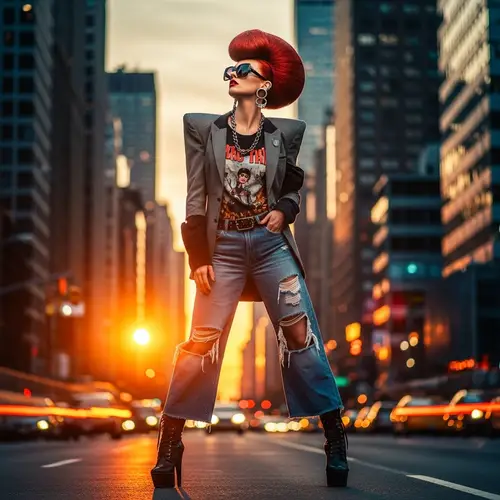 Unique Fiery Red-Haired Figure in Urban Sunset | Creative Art