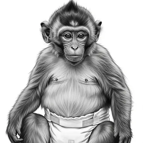 Adorable Chubby Monkey with Diaper in Black and White