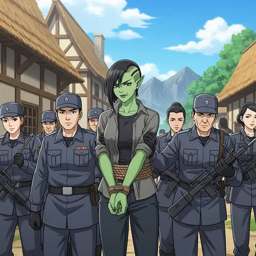 Anime Half-Orc Captured in Village Scene