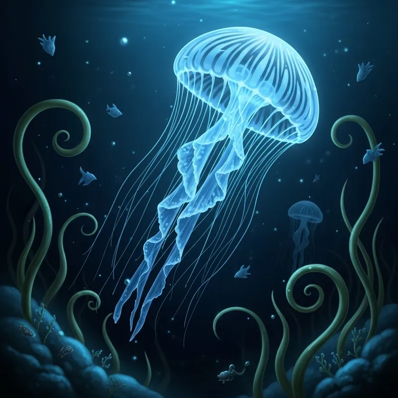 Elegant Blue Jellyfish in Dark Sea
