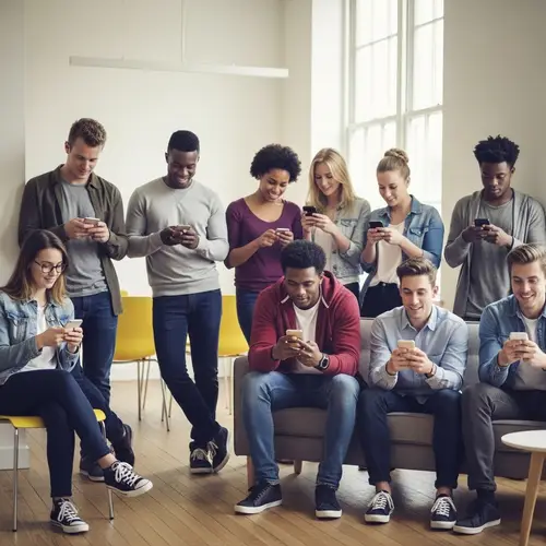 Diverse Students Engrossed in Smartphones | Modern Room Setting