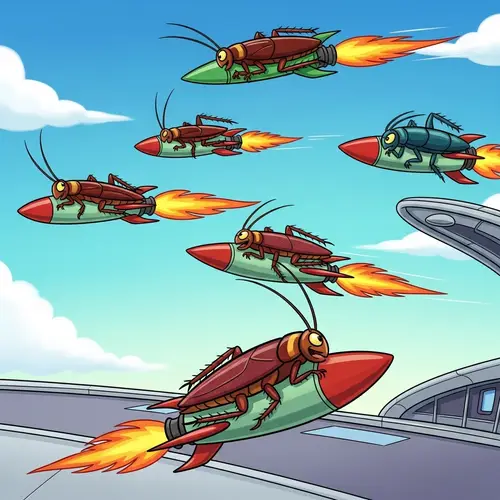 Whimsical Cockroach Rocket Race Illustration in Green and Purple