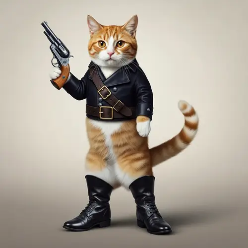 Booted Cat with Pistol - Heroic Ginger and White Feline