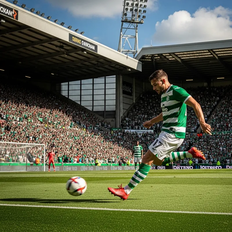 Ivan - Footballer in Green & White Shirt, Number 7, Striking Ball at Goalpost in Crowd-Filled Stadium