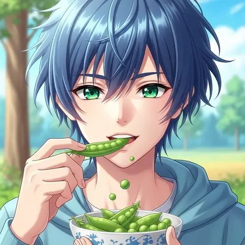 Enchanting Anime Boy with Radiant Blue Hair Enjoying Peas