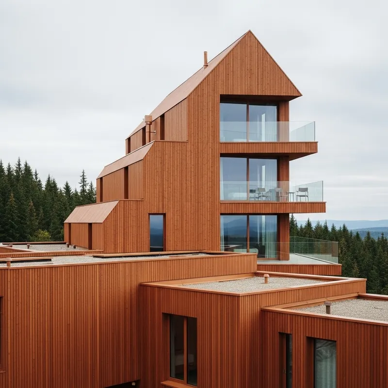 Modern Red Cedar Hotel Residence with Tiered Gable Roof and Pine Trees