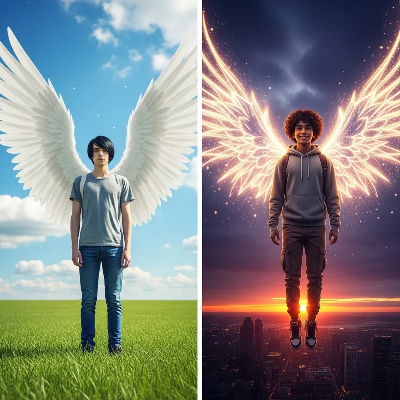 Teenage Boys with Wings: Caucasian vs. South Asian - Unique Images