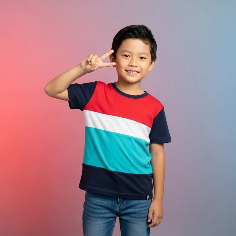 Confident Young Asian Boy Poses with Peace Sign in Aesthetic 2D Photo