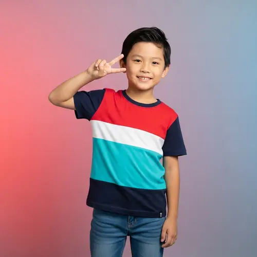 Young Asian Boy Poses with Peace Sign in Aesthetic 2D Photo
