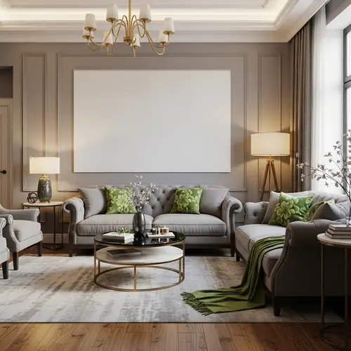 Modern Living Room with Grey Sofa & Green Flowers