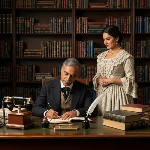 Victorian Bookcase Desk Scene with Man and Woman