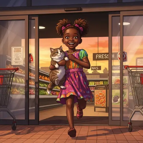 Joyful African Girl with Frizzy Hair and Fluffy Cat | Supermarket Scene