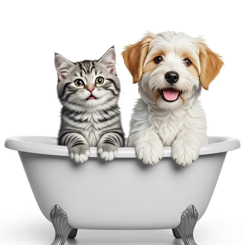 Hyper Realism: Joyous Fluffy Cat and Dog in Bathtub Hyper Realism: Joyous Fluffy Cat and Dog in Bathtub