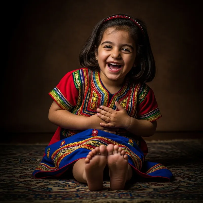 Vibrant Candid Moment: Playful Young Girl Clutching Stomach