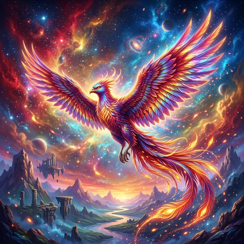 Ethereal Sky with Majestic Phoenix in Vibrant Hues