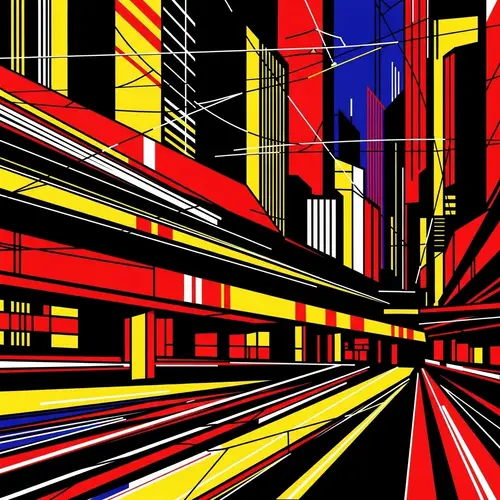 Dynamic City Life Abstract Art in Red, Yellow, Black
