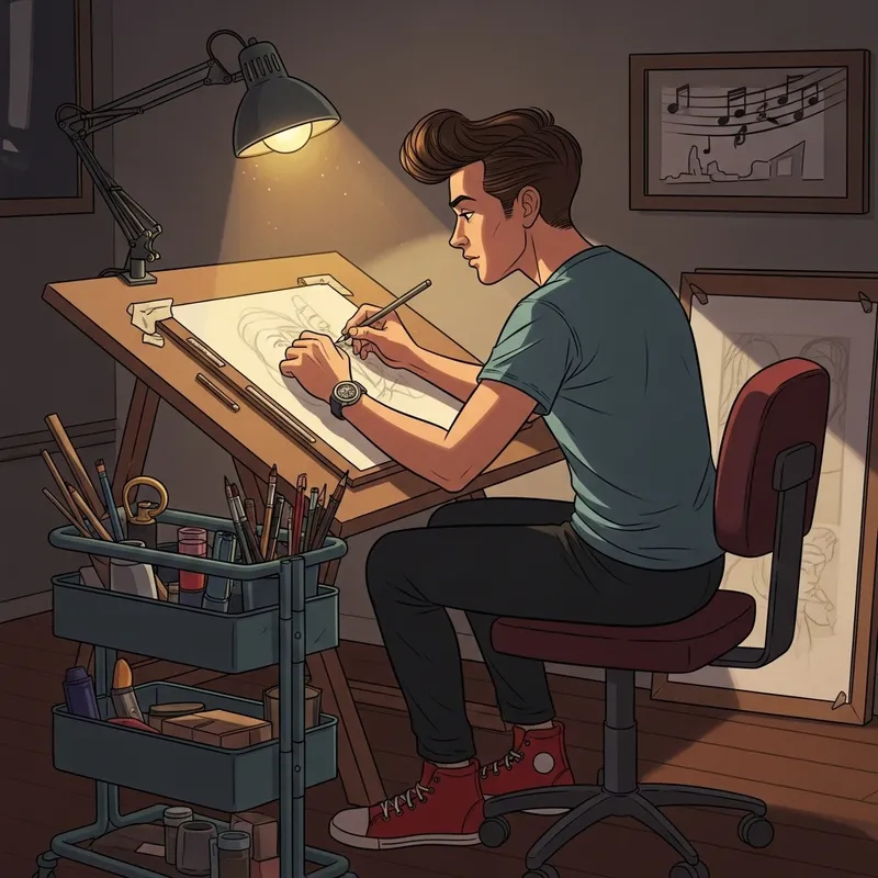 1950s Style Artist Drawing at Table | Creative Illustration