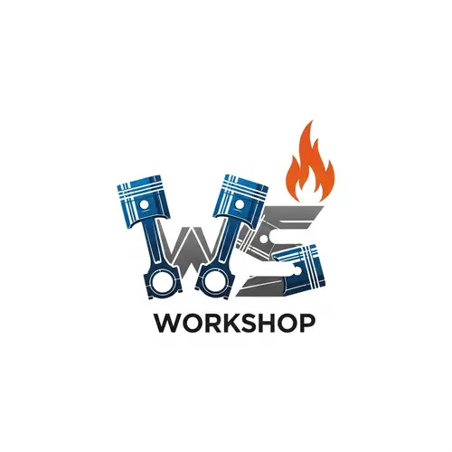Modern Industrial Workshop Logo Design with Piston Elements