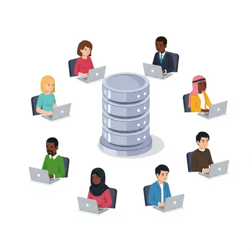 Diverse Individuals Engaging with Database Illustration