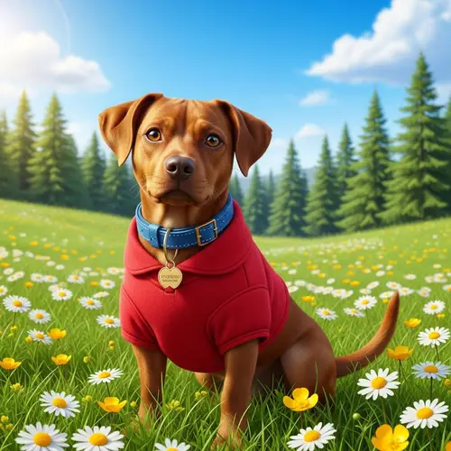 Adorable Brown Dog Sitting in Green Field | Lively Scene with Flowers and Forest