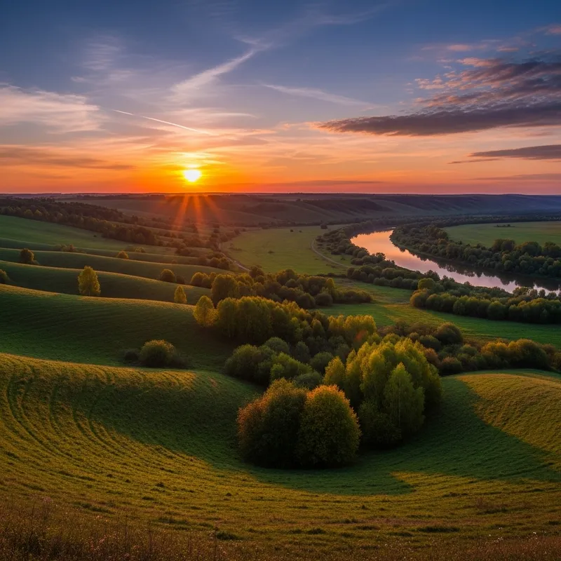 Realistic Rolling Hills Landscape with Colorful Sunset