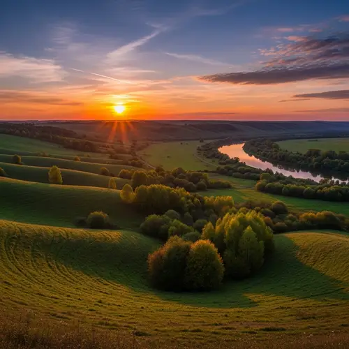 Realistic Landscape with Rolling Hills and Colorful Sunset