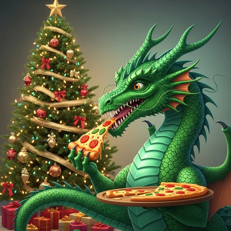 Green Dragon Devouring Pizza by Christmas Tree