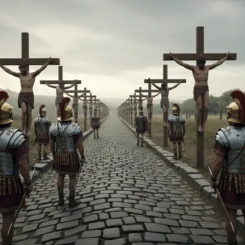 Roman Soldiers Gaze at Crucified Bodies on Appian Way