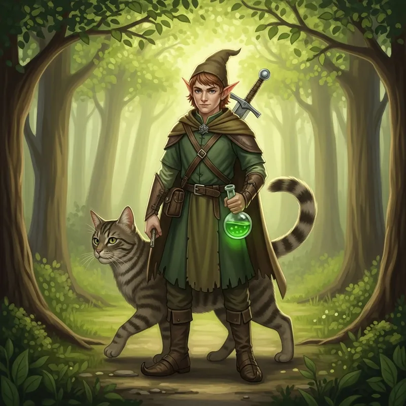 Magical Forest Elf with Feline Companion and Mystical Elixir