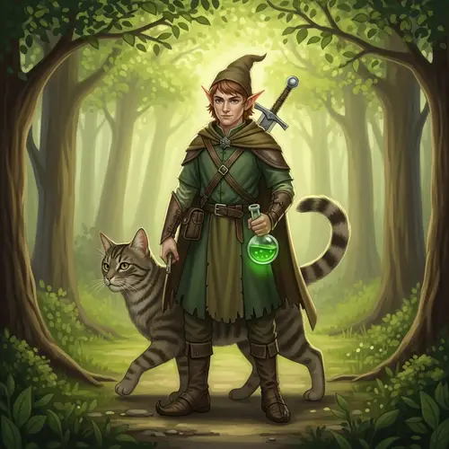 Enchanting Forest Elf with Cat in Adventure Scene