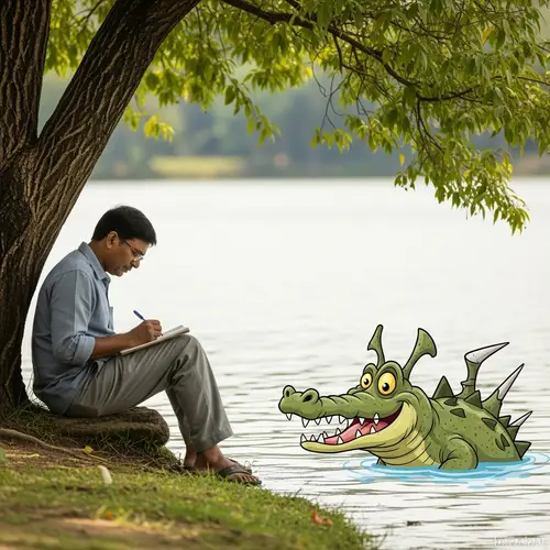 Serene Lake Writing Scene: Mature Adult by Tree, Crocodile Watching