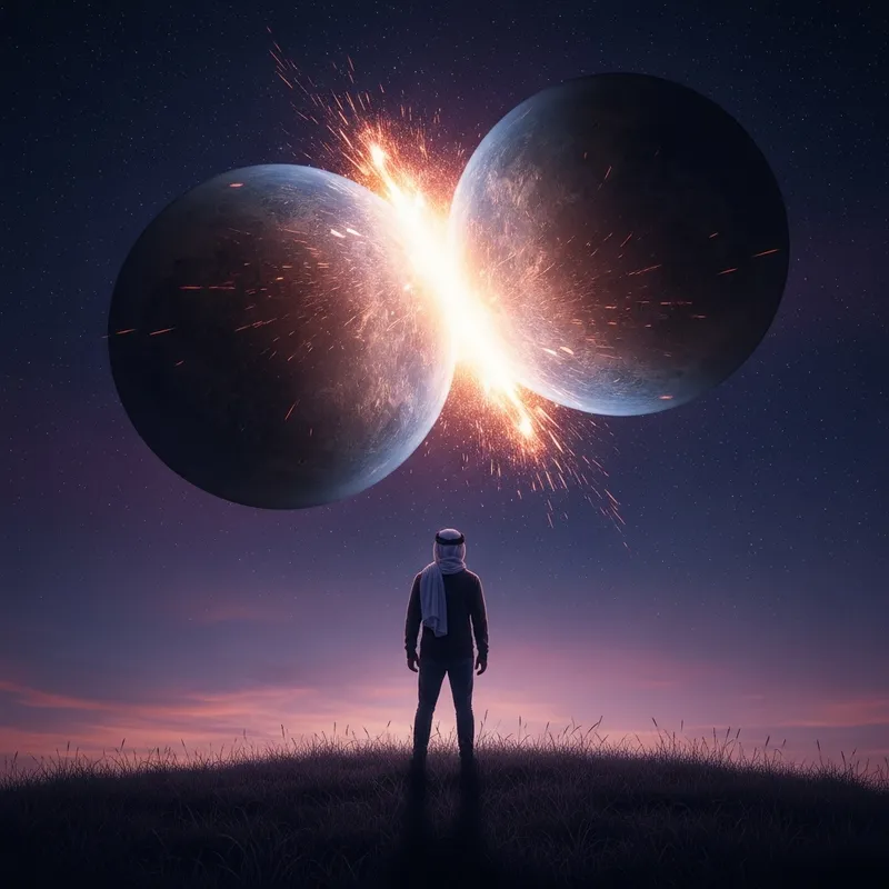 Stunning Cosmic Collision on Grassy Hill at Night