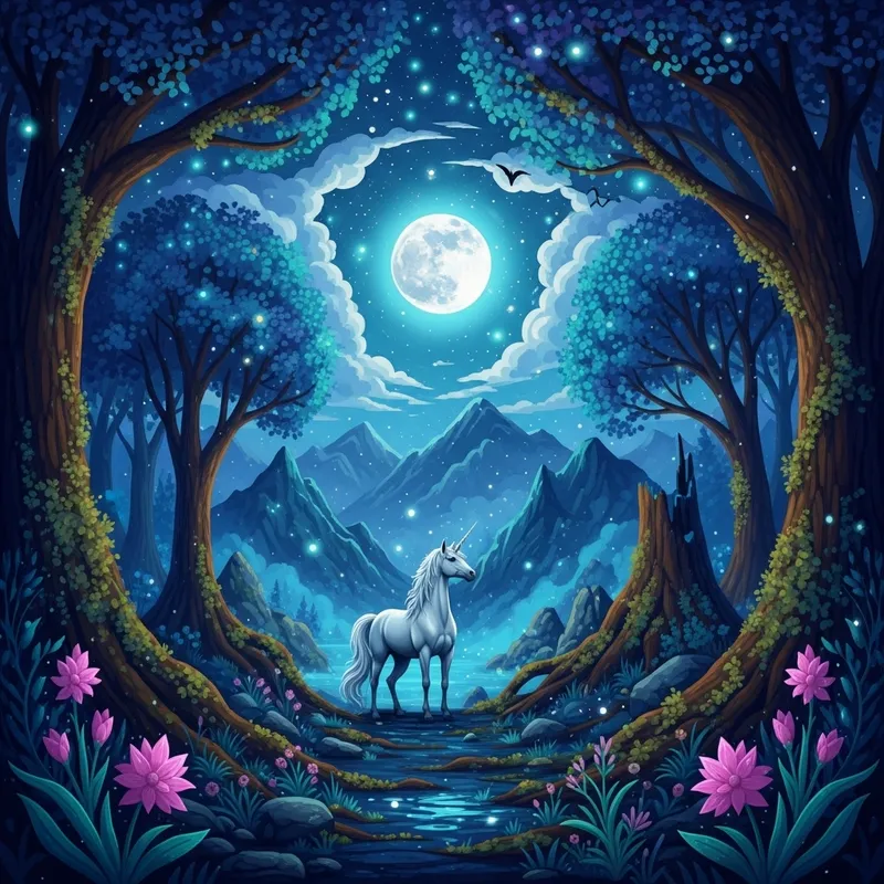Mystical Forest: Enchanting Unicorn in Moonlit Majesty Mystical Forest: Enchanting Unicorn in Moonlit Majesty