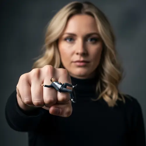 Powerful Blonde Woman Holds Tiny Helpless Man