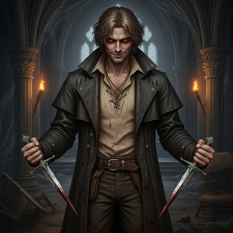 Malkavian Clan Vampire Character with Blonde Hair and Dual Daggers