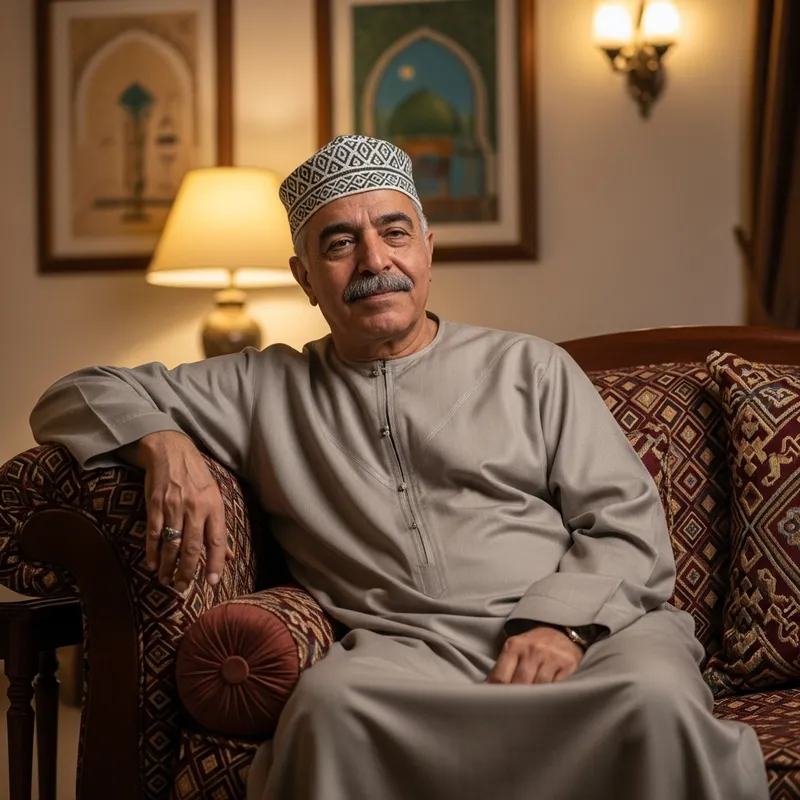 Stylish 60-Year-Old Man in Islamic Attire Relaxing on Sofa