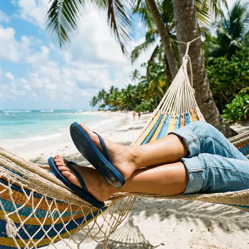 Relaxing Feet in Flip-Flops on a Tropical Beach
