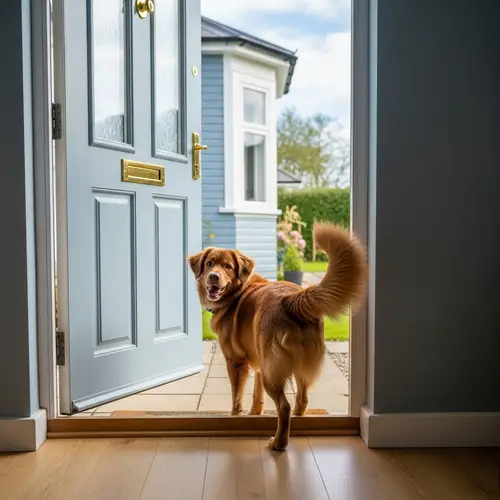Happy Pet Dog Exiting Classic Blue House | Vibrant Brown Breed