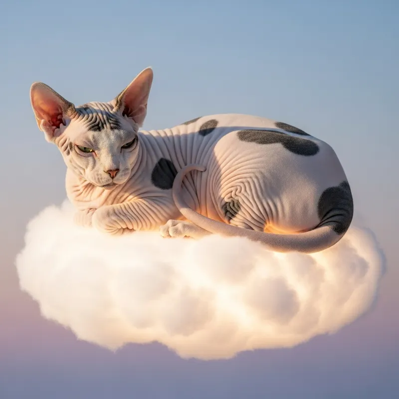 White Canadian Sphynx Cat with Black Markings on Cloud
