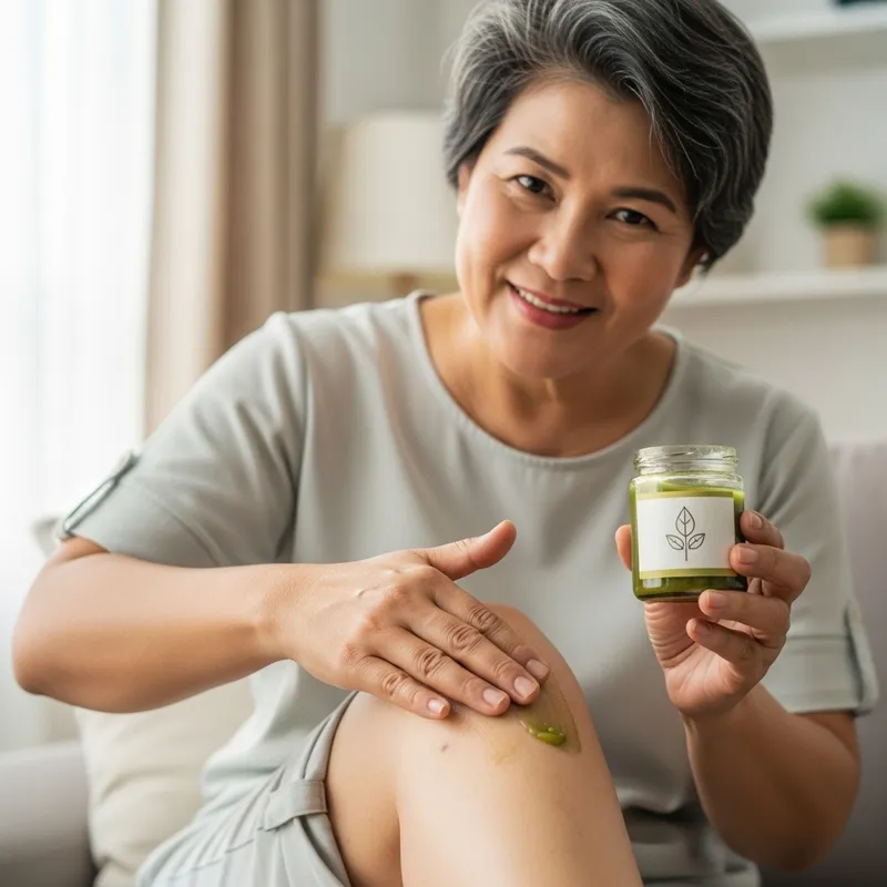 Thai Woman Smiling While Treating Varicose Veins with Herbal Ointment