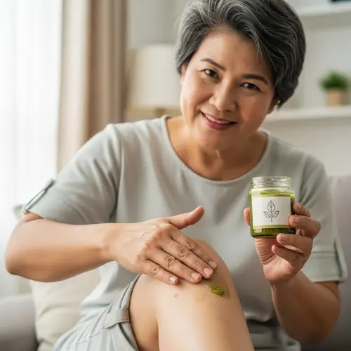 Thai Woman Applying Herbal Ointment for Varicose Veins Treatment