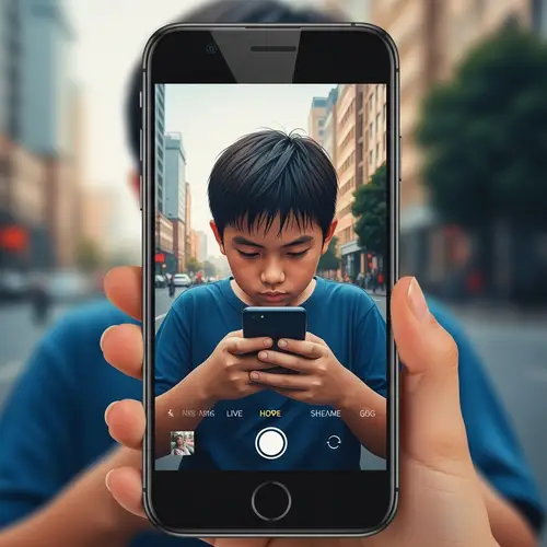 Young Asian Boy Engrossed in Phone - Youth Culture Representation