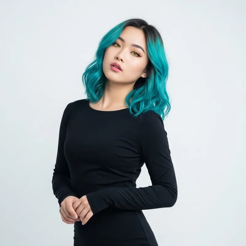 Captivating Asian Girl with Cyan Hair in Elegant Pose