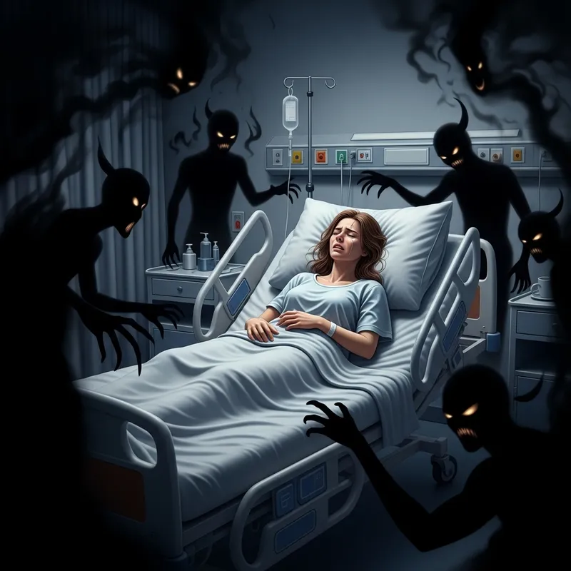Sick Woman in Hospital Bed Surrounded by Shadows